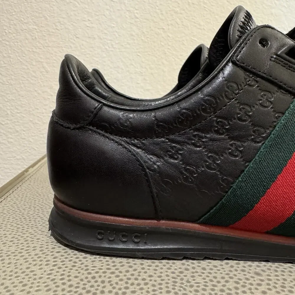 Gucci Shoes Micro Guccissima Black Leather Web Low Top Gucci Sneakers Sz 8 G
